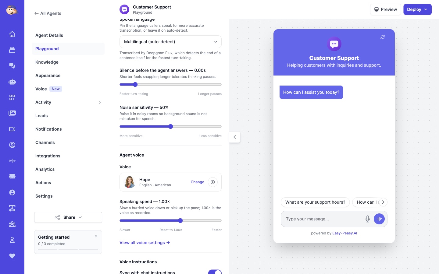 Voice chatbot settings for silence before the agent answers, noise sensitivity, agent voice and speaking speed