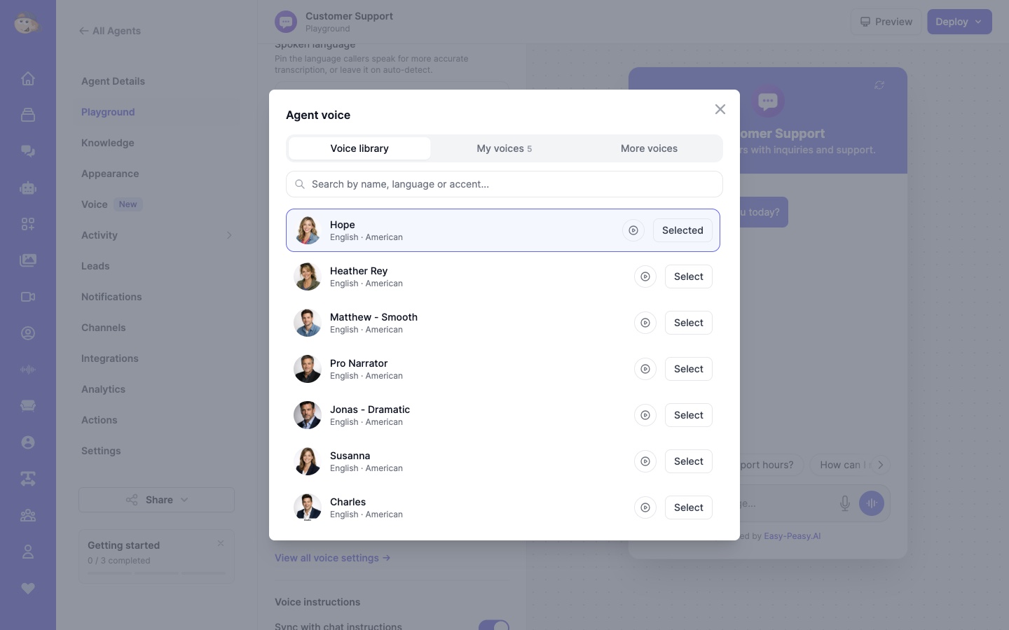 AI voice agent voice picker with the Voice library, My voices and More voices tabs and play sample buttons