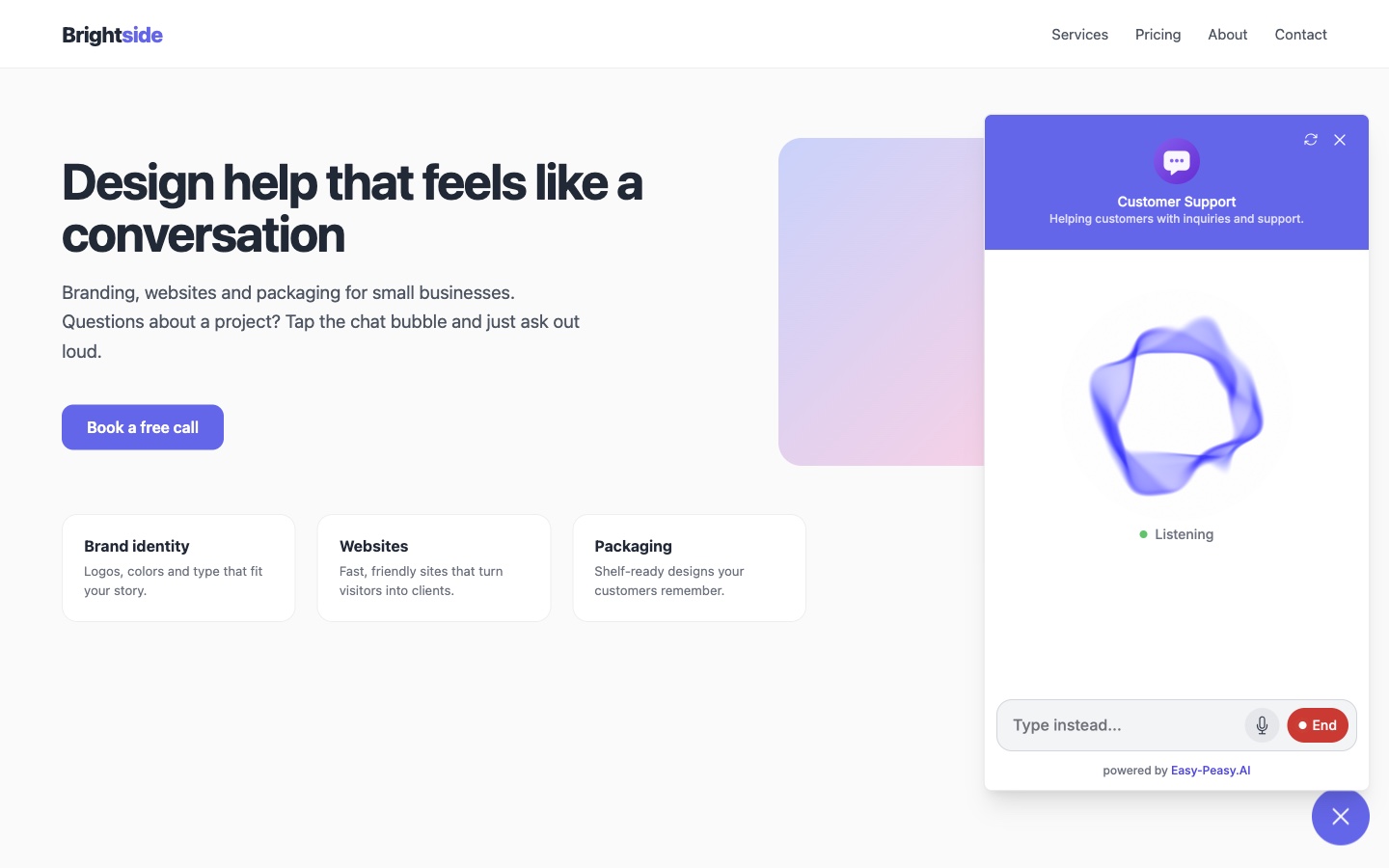AI voice agent call running inside the Easy-Peasy.AI chat widget on an example small business website