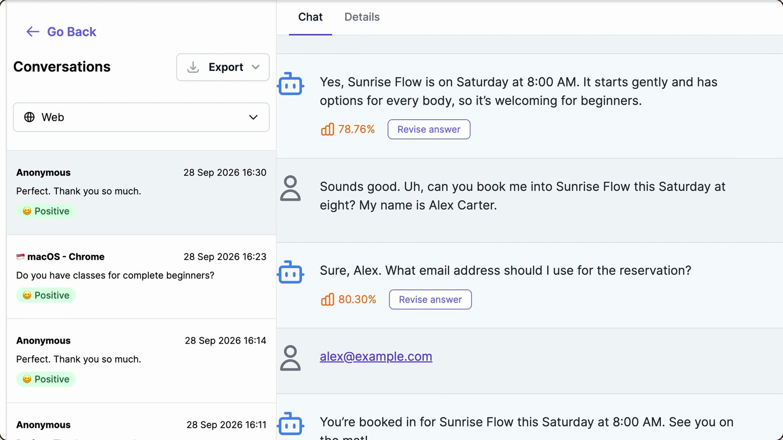 Transcript of an AI voice agent call where a visitor books a yoga class