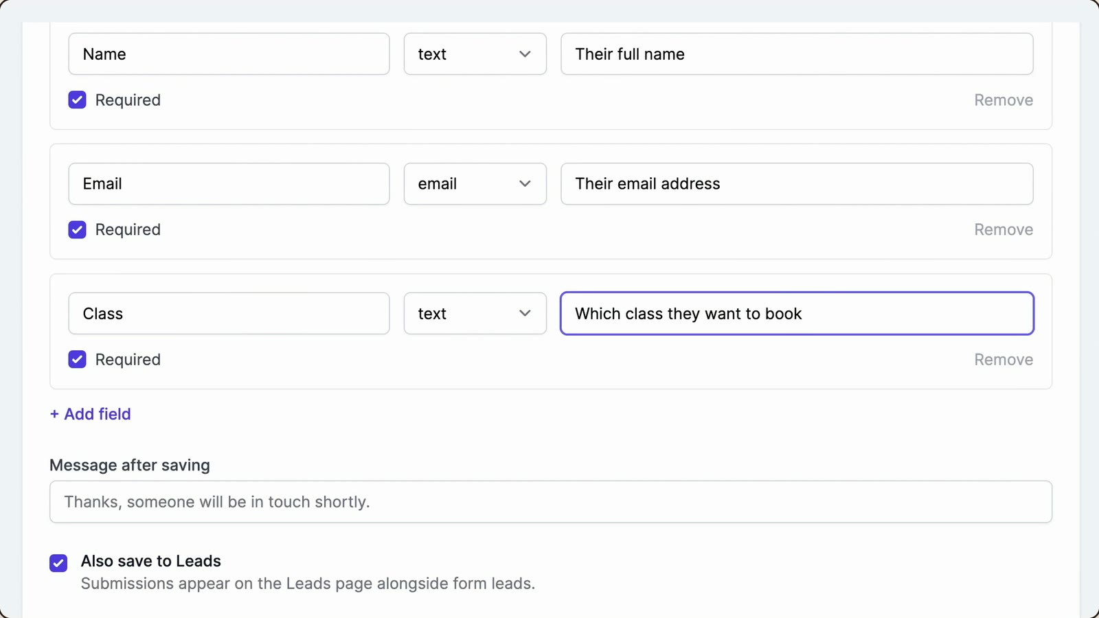 Collect Data fields for name, email, class and day and time in an AI voice agent booking action