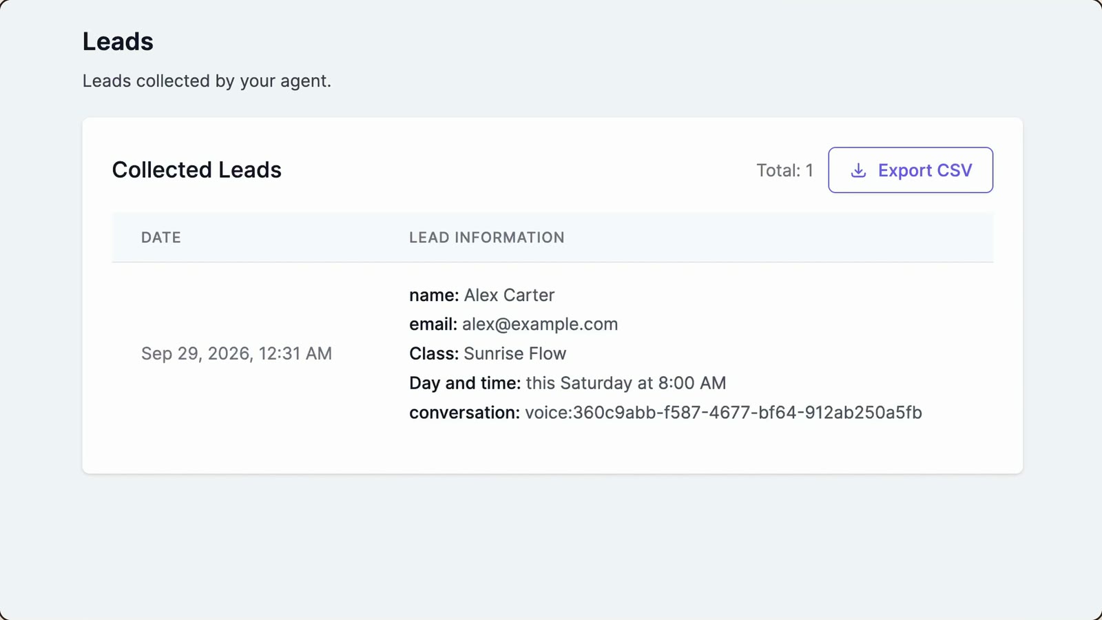 Leads page showing a class booking collected by the AI voice agent during a call