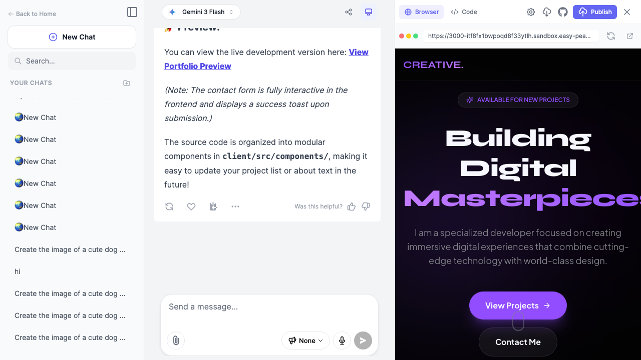 Easy-Peasy.AI workspace showing live website preview alongside the chat interface