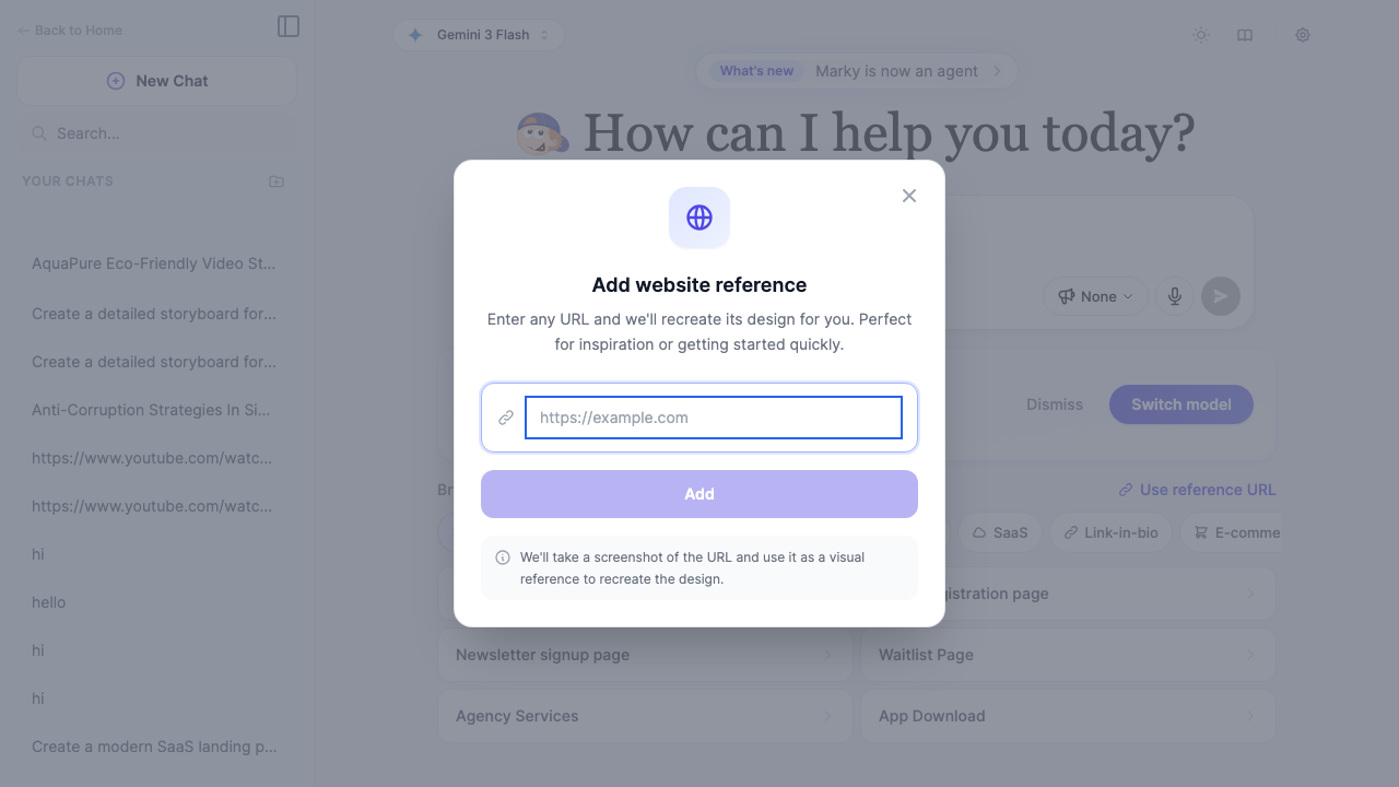 Easy-Peasy.AI reference URL modal for cloning website designs