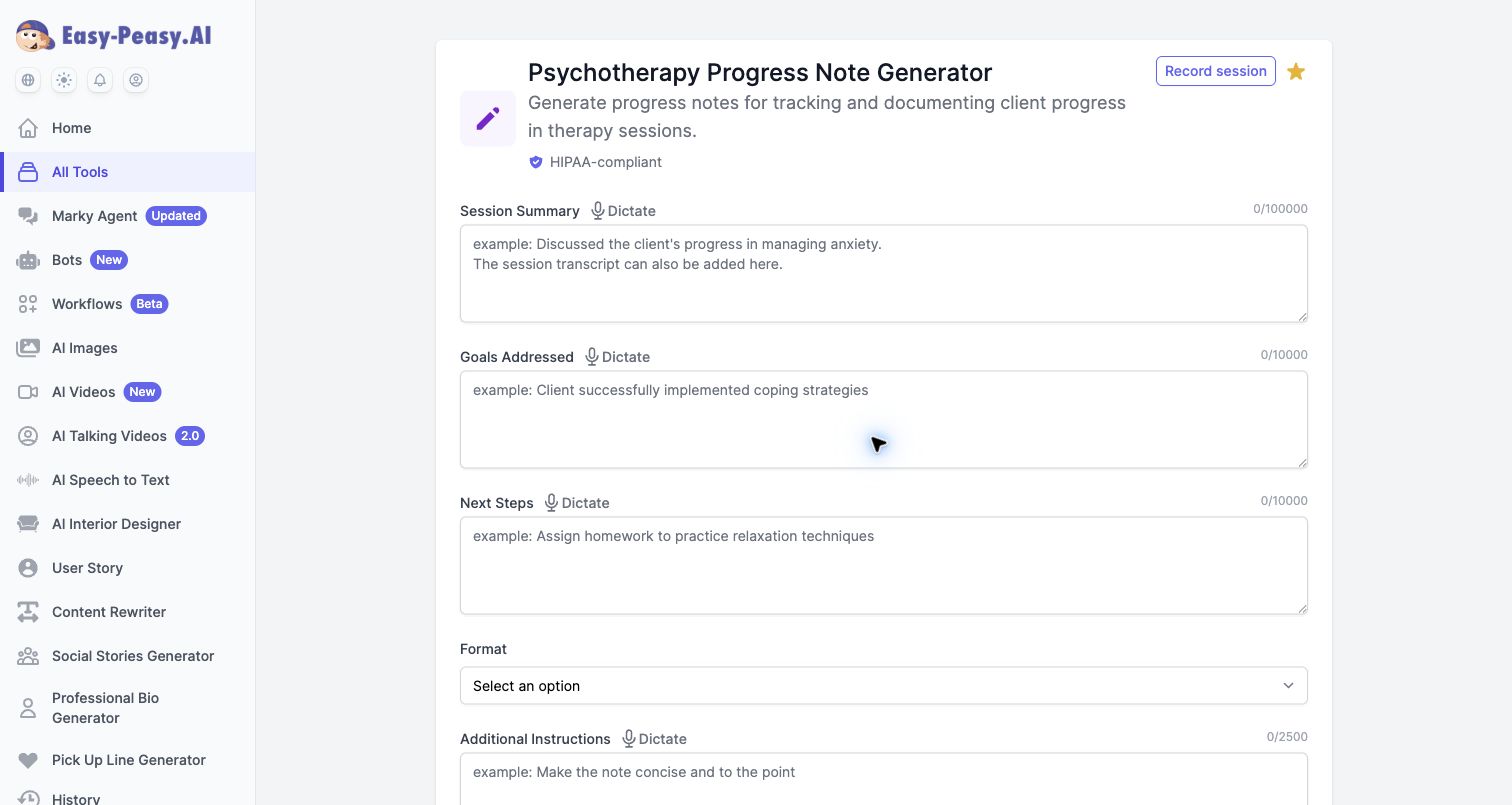 Easy-Peasy.AI Progress Note Generator homepage and clinical note form