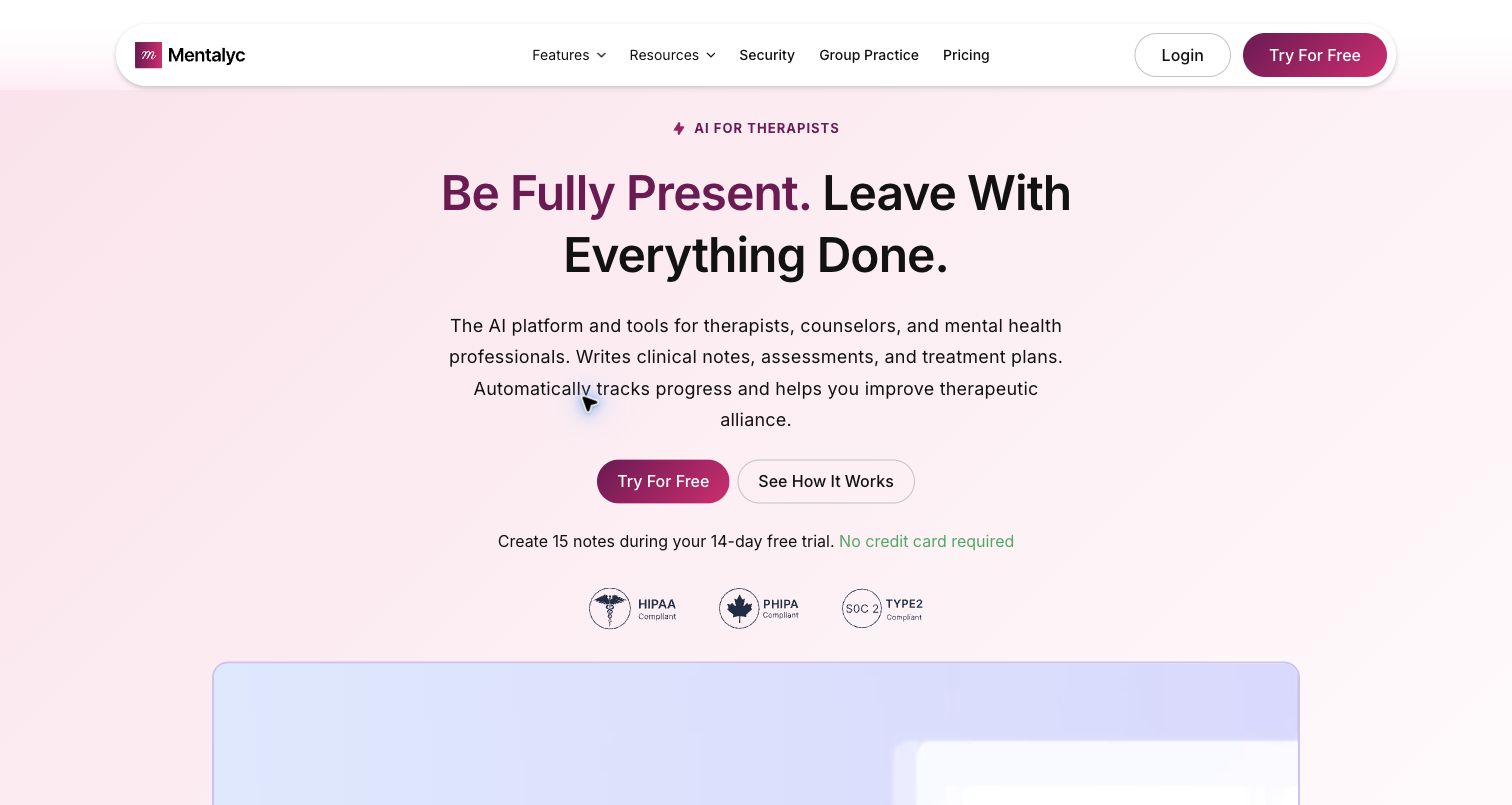 Mentalyc homepage for AI therapy notes, treatment plans, and session insights