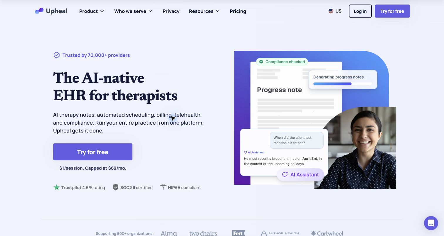 Upheal homepage showing AI-native EHR for therapists with progress notes