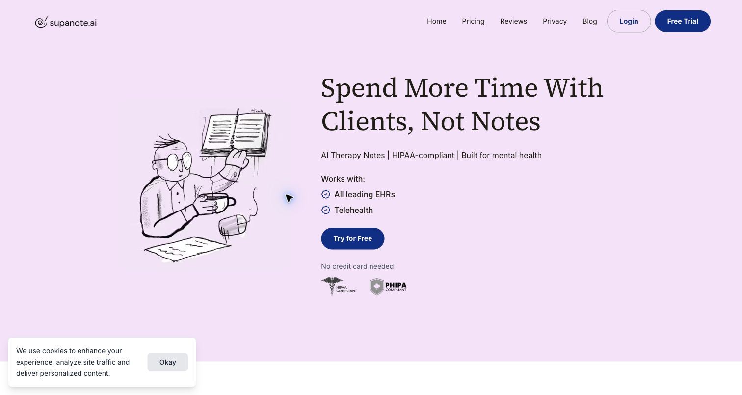 Supanote homepage for HIPAA-compliant AI therapy notes