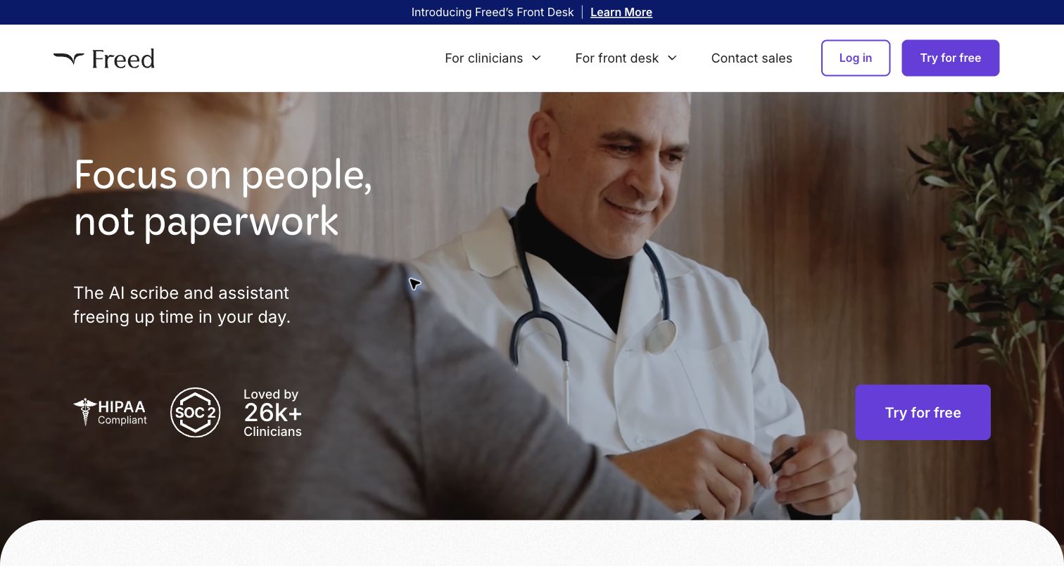 Freed homepage for AI medical scribe and clinical note generation