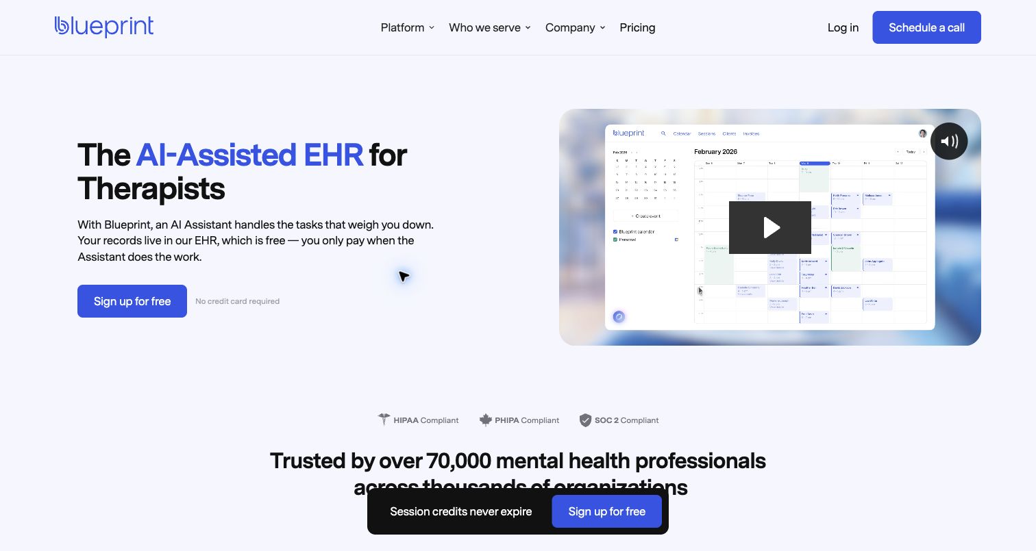 Blueprint homepage for AI-assisted EHR and therapy progress notes