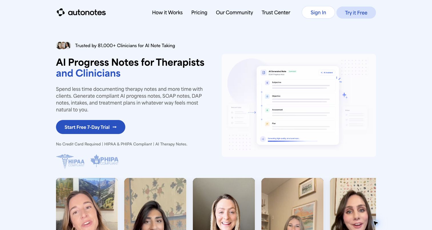 AutoNotes homepage for AI progress notes for therapists and clinicians