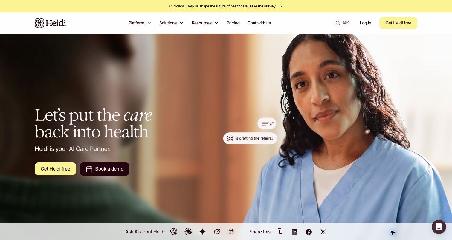 Heidi Health homepage for AI clinical scribe and care partner