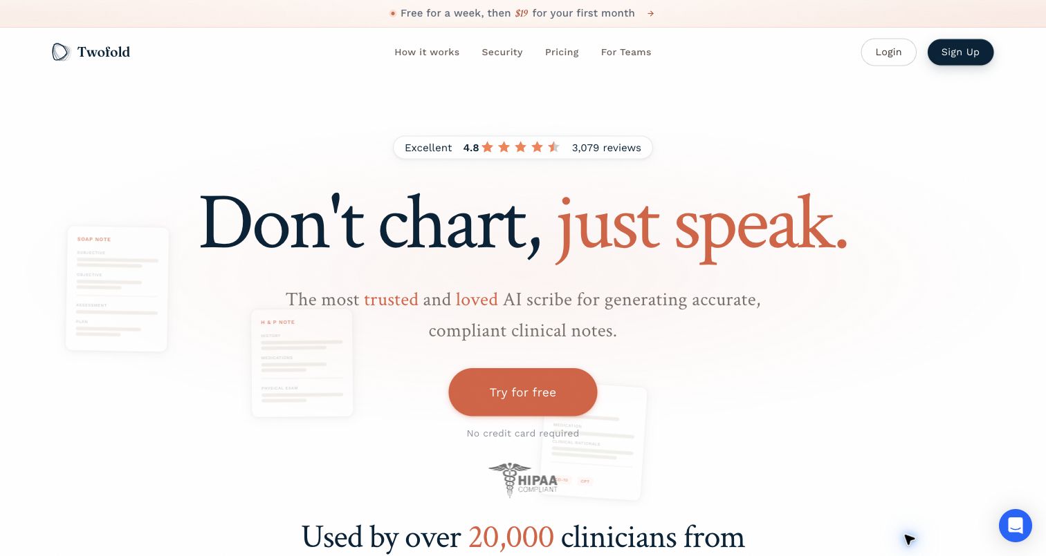 Twofold Health homepage for AI medical scribe and progress notes