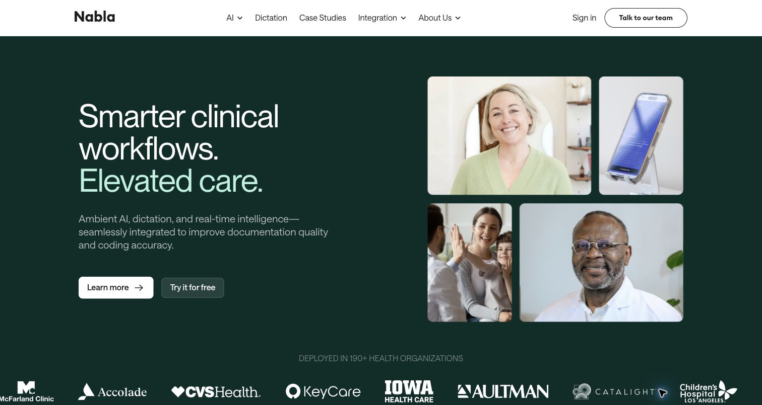 Nabla homepage for ambient AI clinical documentation and EHR integrations