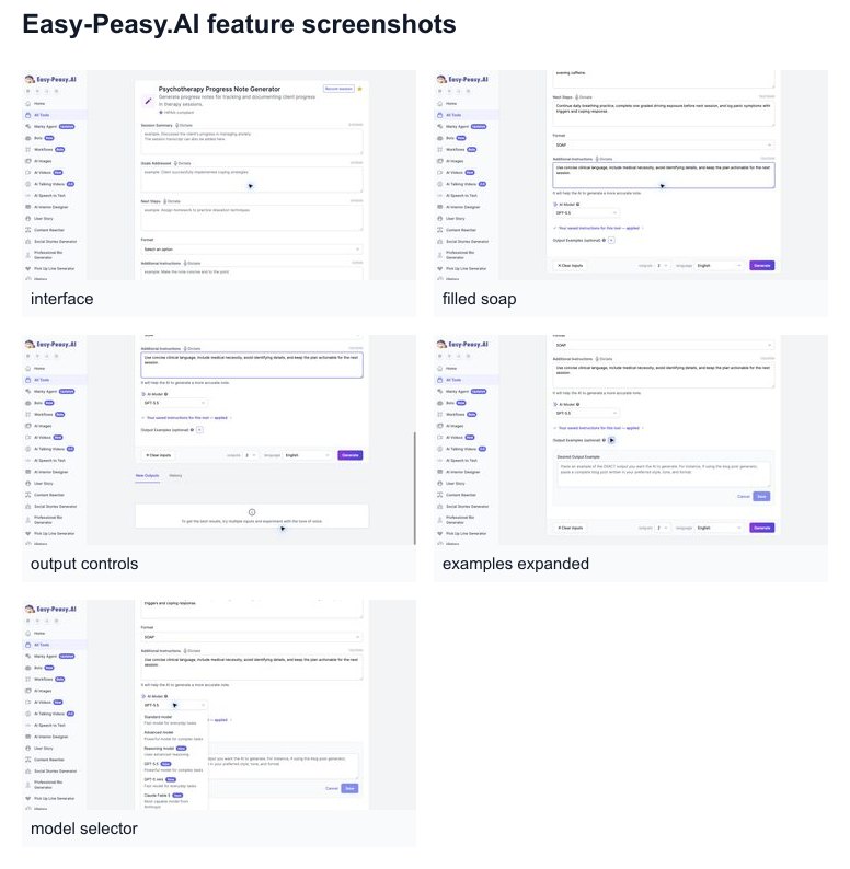 Detailed Easy-Peasy.AI Progress Note Generator feature screenshots including fields, output controls, examples, and model selector