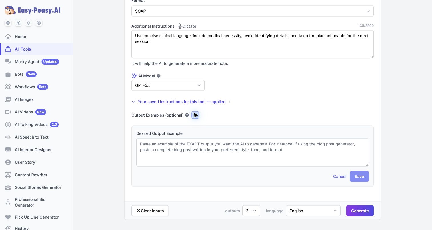 Easy-Peasy.AI Desired Output Example field for matching a preferred progress note style