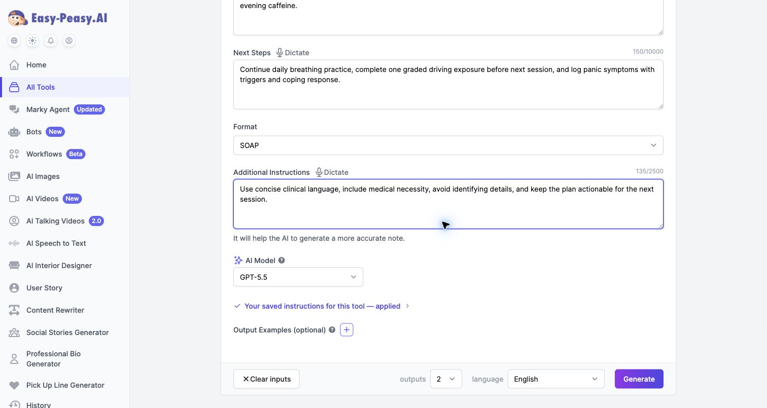 Easy-Peasy.AI Progress Note Generator filled with sample therapy details and SOAP format selected