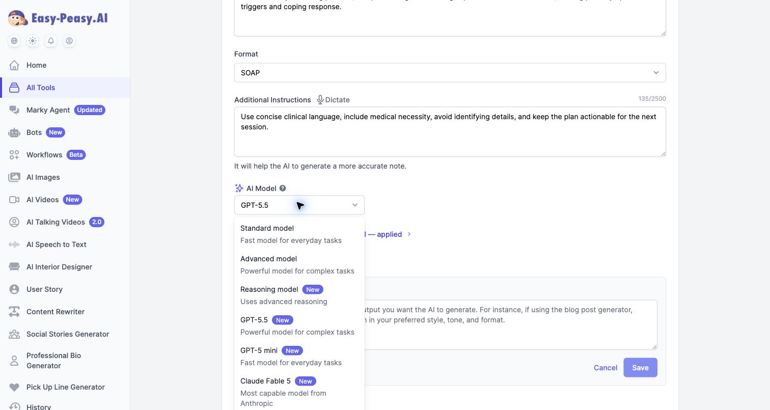 Easy-Peasy.AI model selector for progress note generation with GPT and Claude model options