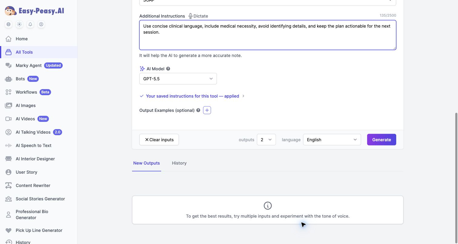 Easy-Peasy.AI output controls for number of outputs, language, and generating a progress note