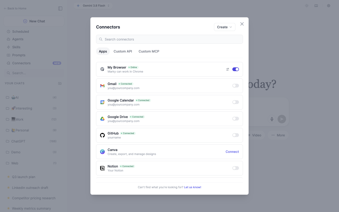 Easy-Peasy.AI Connectors list with the My Browser row showing an Online badge and toggle