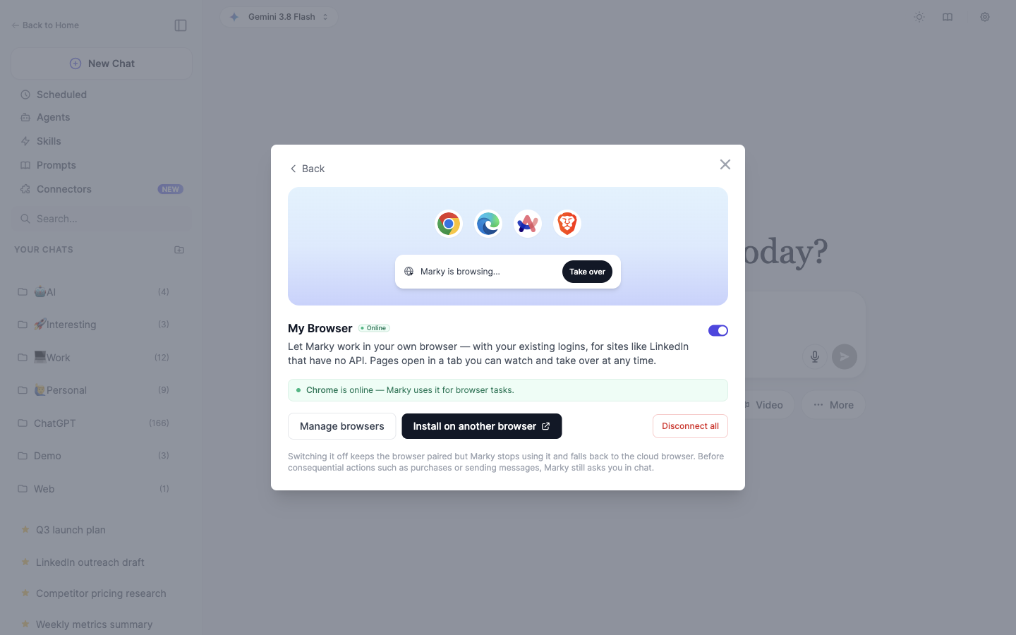 My Browser connector card in Easy-Peasy.AI showing Chrome is online and Marky uses it for browser tasks