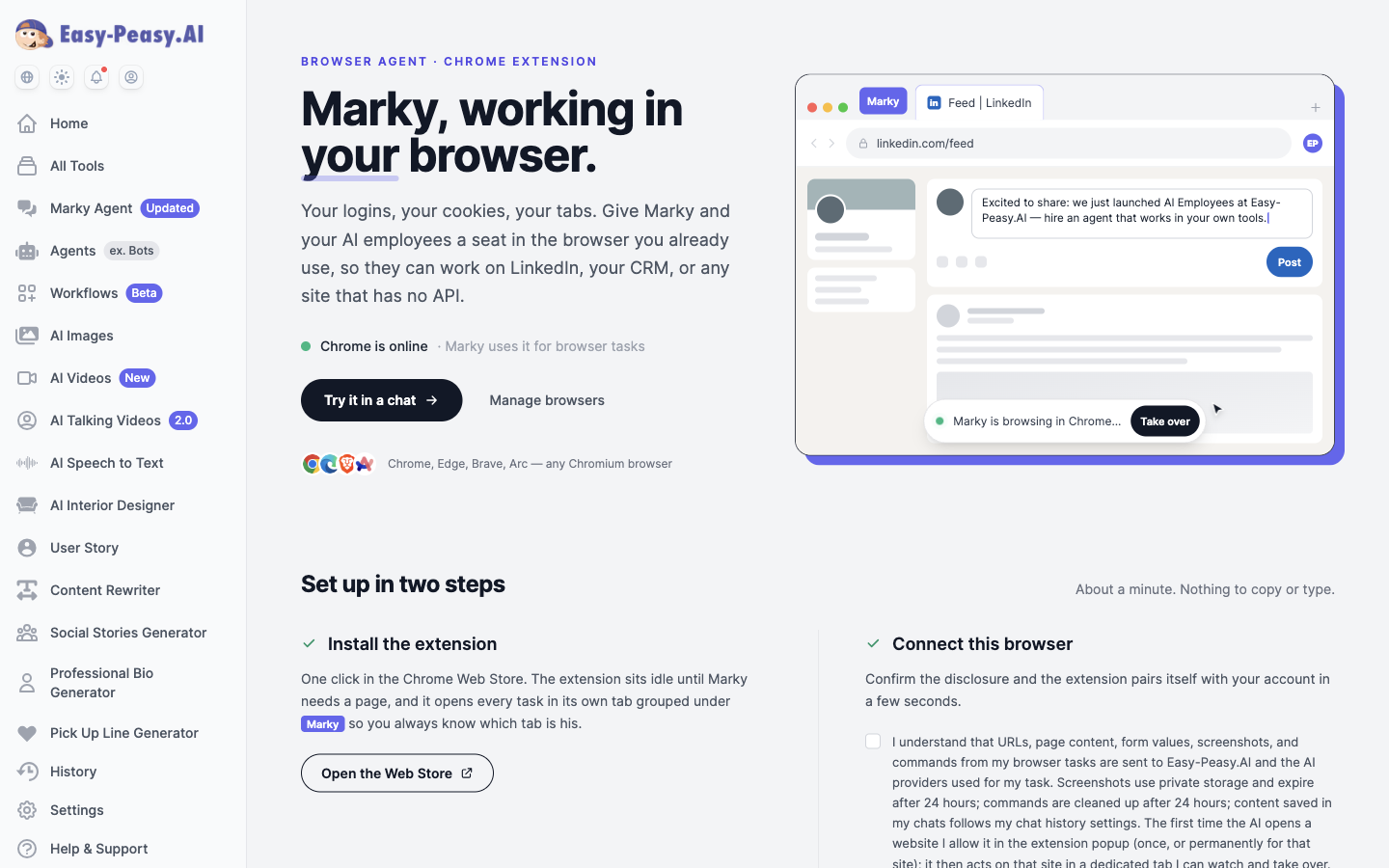 Easy-Peasy.AI Browser Agent setup page showing Marky working in the user's own Chrome browser