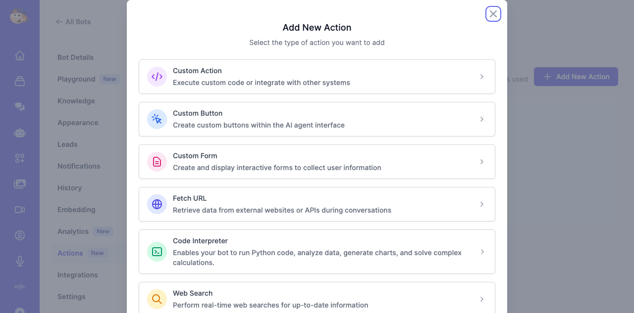 Add New Action modal showing eight action types including Custom Action, Web Search, Code Interpreter, Email, and Google Calendar
