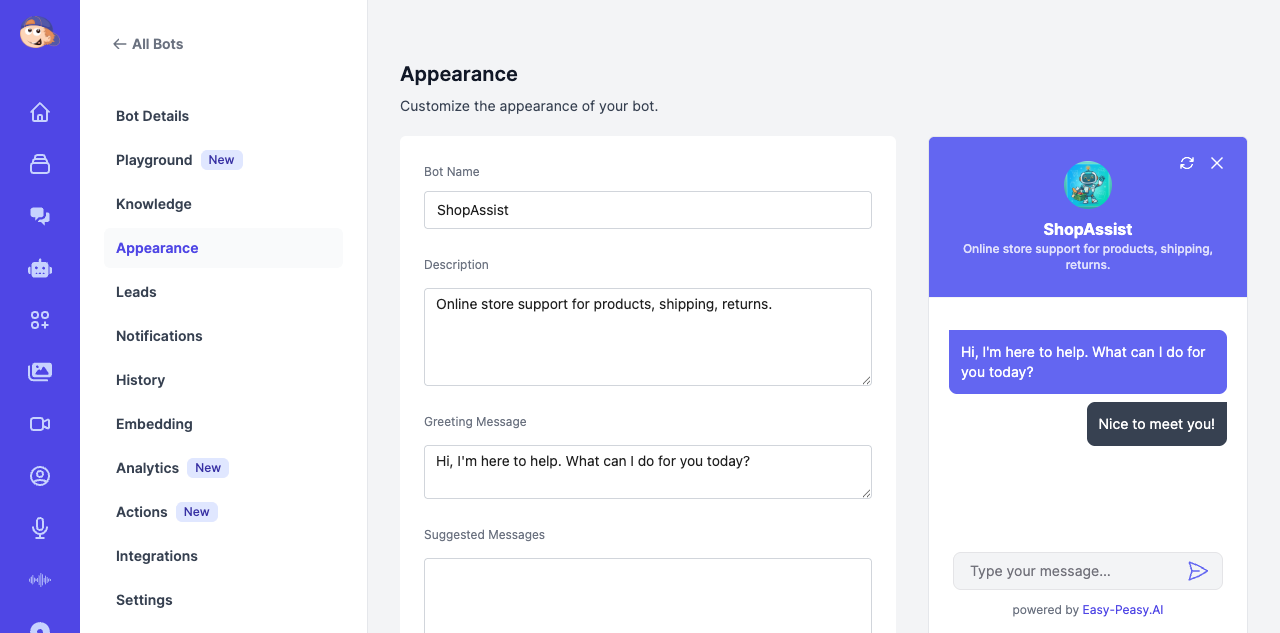 Chatbot appearance customization showing bot name, greeting message, and live preview widget