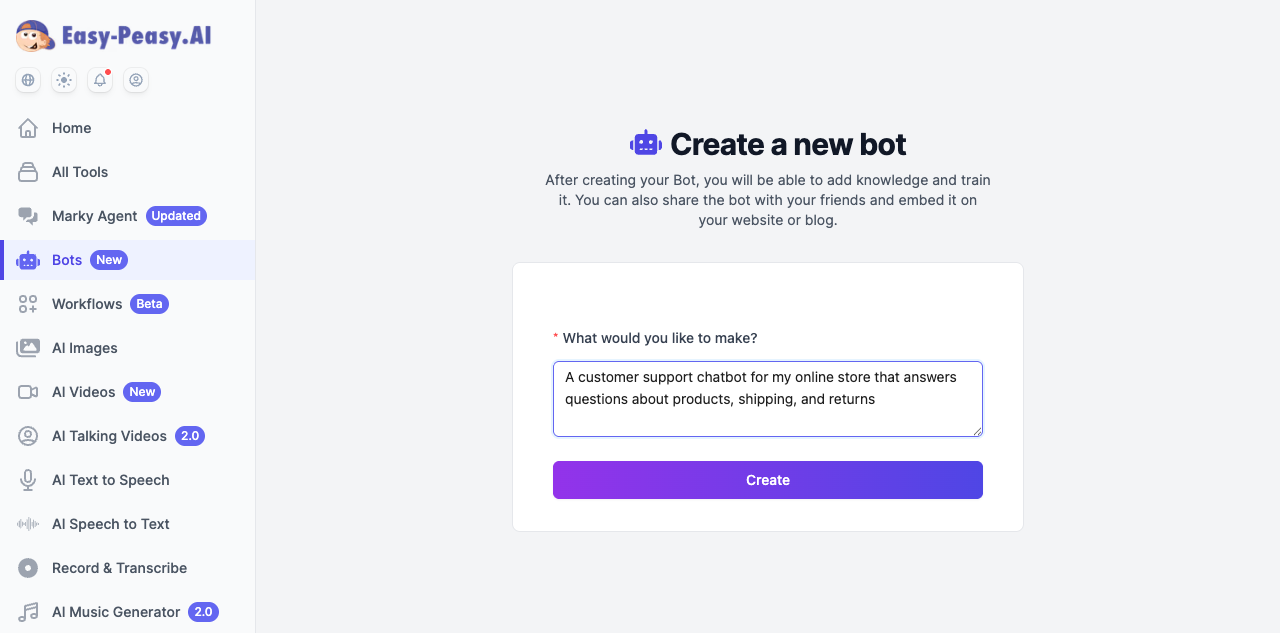 Bot creation form filled with a customer support chatbot description