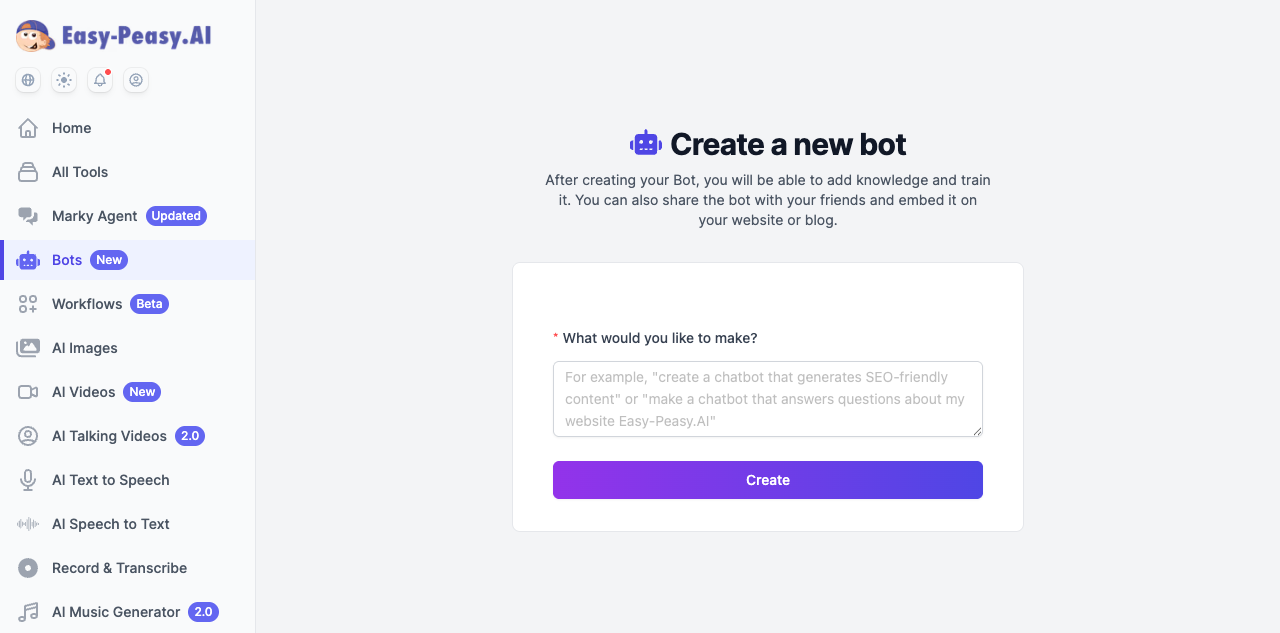 Easy-Peasy.AI create a new bot page with description field and Create button