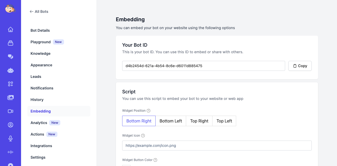 Embedding page showing Bot ID, Script tag with widget position options, Public URL, and iFrame code