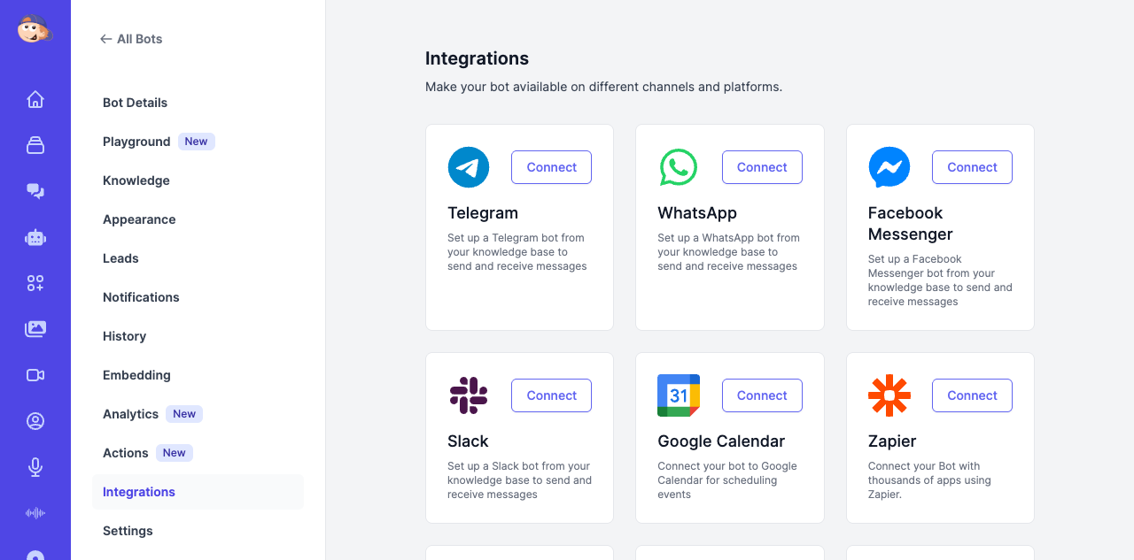 Integrations page showing Telegram, WhatsApp, Messenger, Slack, Google Calendar, Zapier, WordPress, and API options