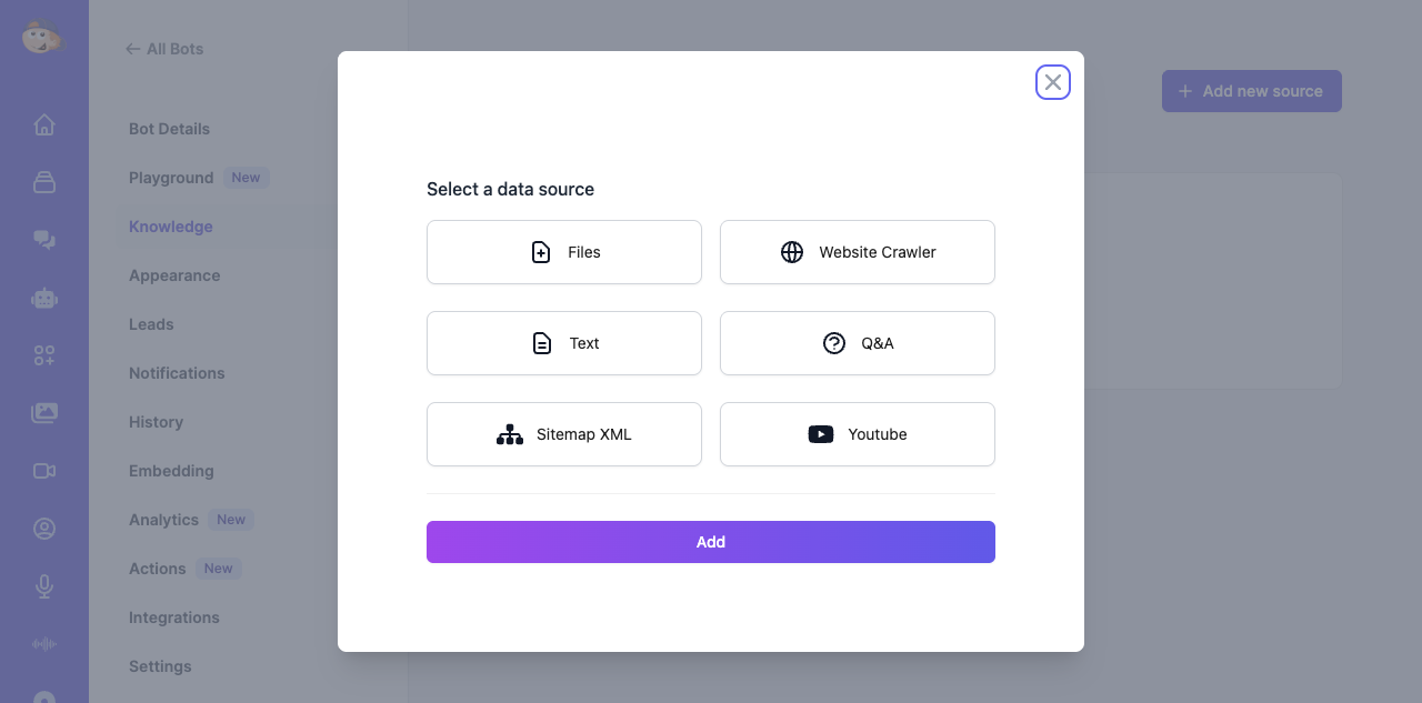 Knowledge source selection showing Files, Website Crawler, Text, Q and A, Sitemap XML, and YouTube options