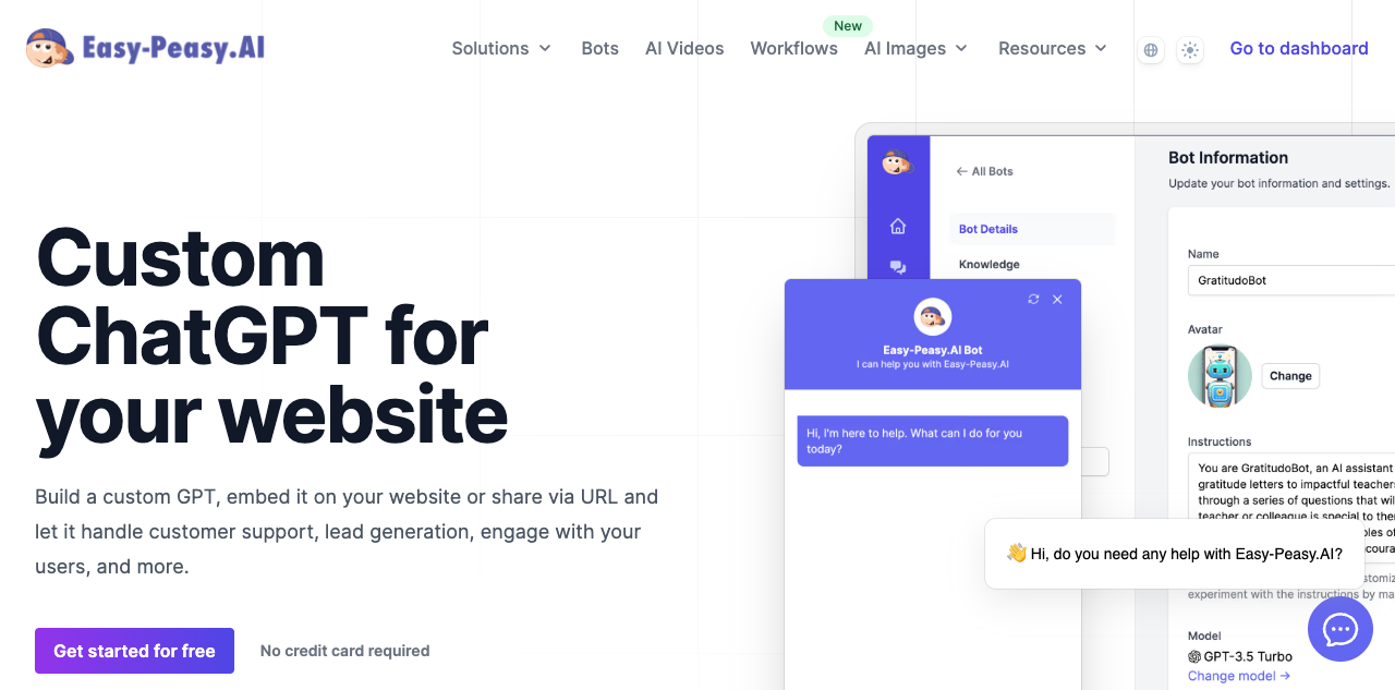 Easy-Peasy.AI chatbot builder landing page showing AI chatbot features for websites