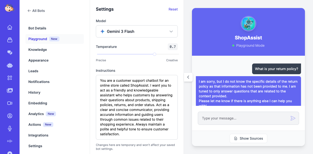 Chatbot playground showing model selection, temperature settings, and live chat conversation