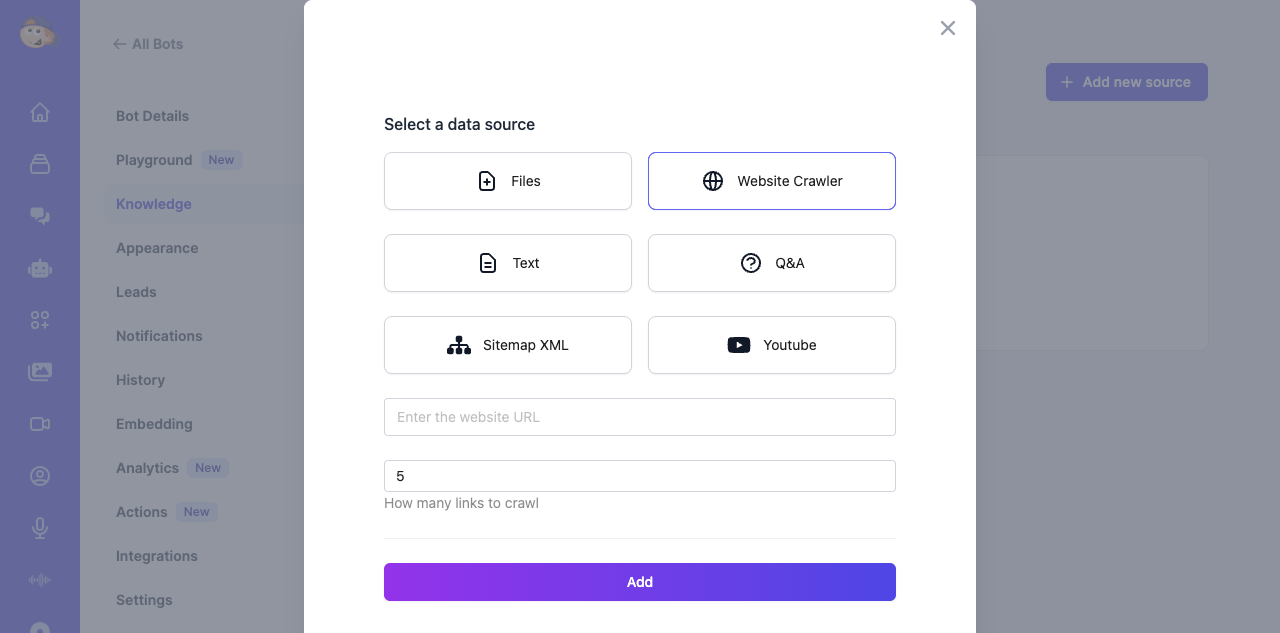 Website Crawler source configuration with URL field and max links setting