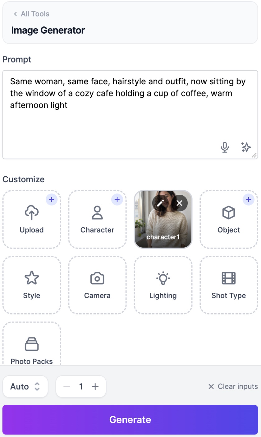 Easy-Peasy.AI Image Generator with a reference photo of a woman attached as character1 and a prompt asking for the same woman in a cozy cafe