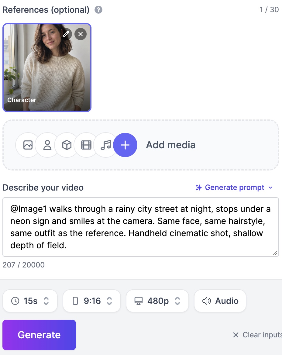 AI Video Generator with one Character reference attached, a counter showing 1 of 30, the Add media bar and a prompt that refers to the reference as @Image1