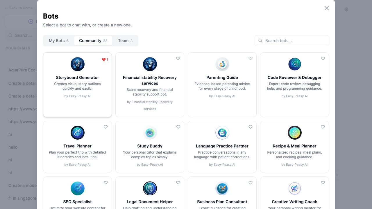 Community bots tab showing published bots like Storyboard Generator, Financial stability Recovery services, Parenting Guide, and Code Reviewer with author names and like counts
