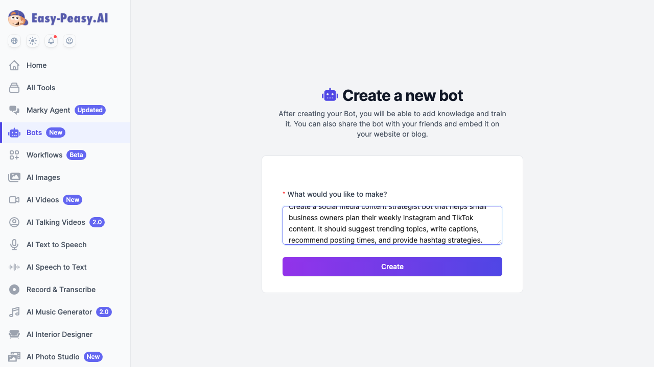 Bot creation form filled with a detailed description of a social media content strategist bot for small business owners