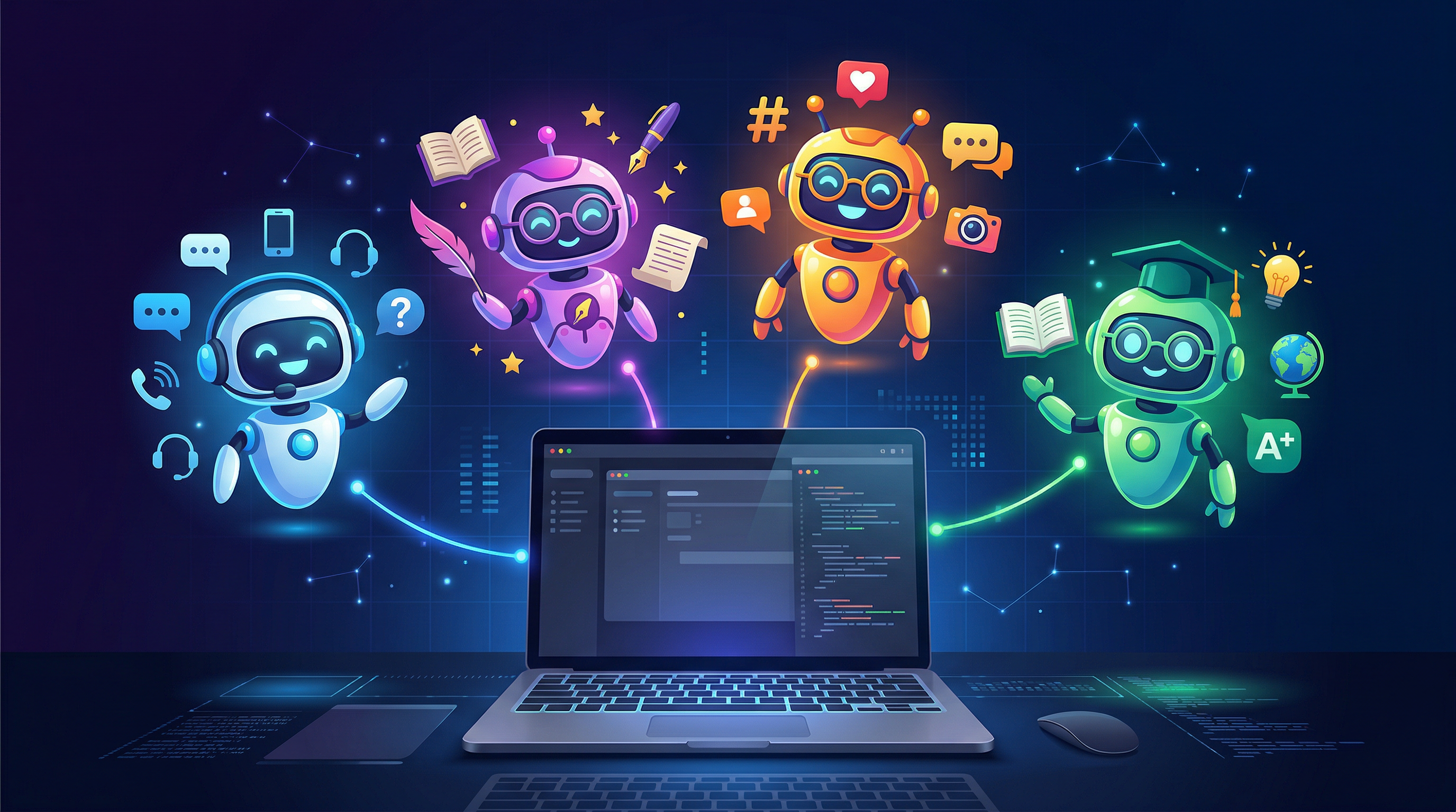 Custom AI bots concept showing multiple AI assistant avatars with unique personalities floating above a workspace, connected by glowing lines representing a community marketplace