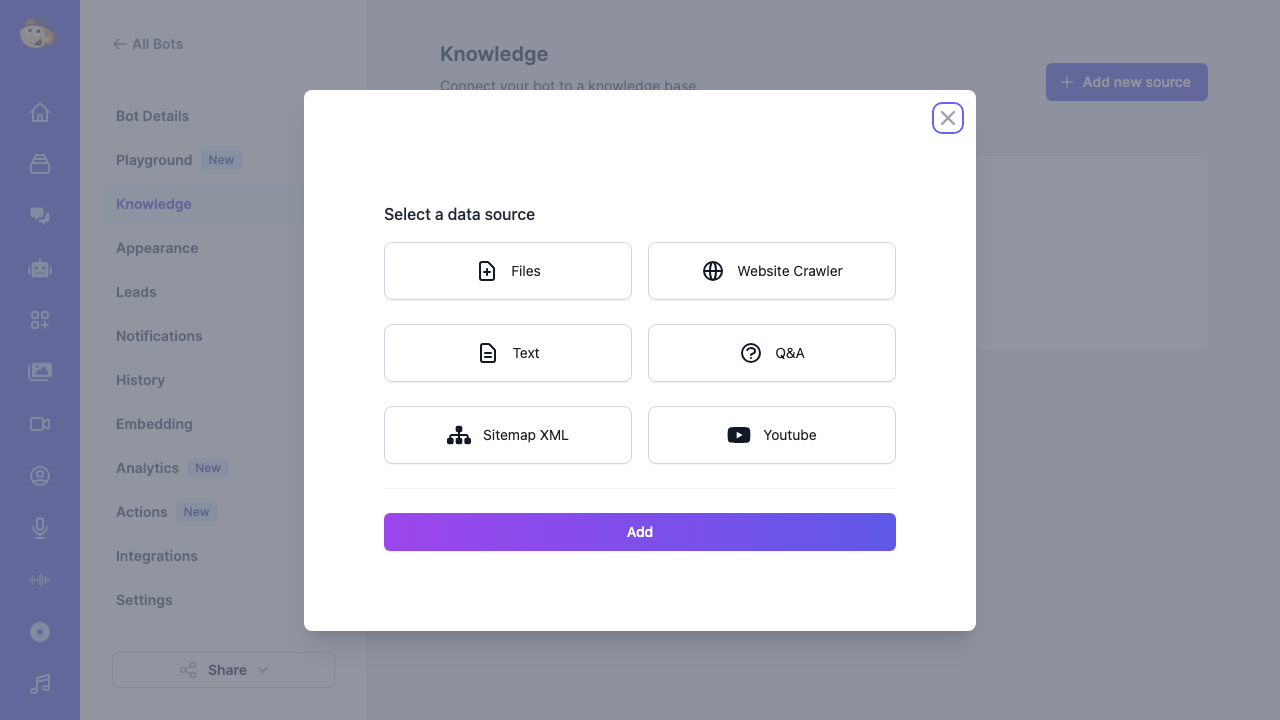Knowledge source selection modal showing six options: Files (PDF, Docx, CSV), Website Crawler, Text, Q&A pairs, Sitemap XML, and YouTube