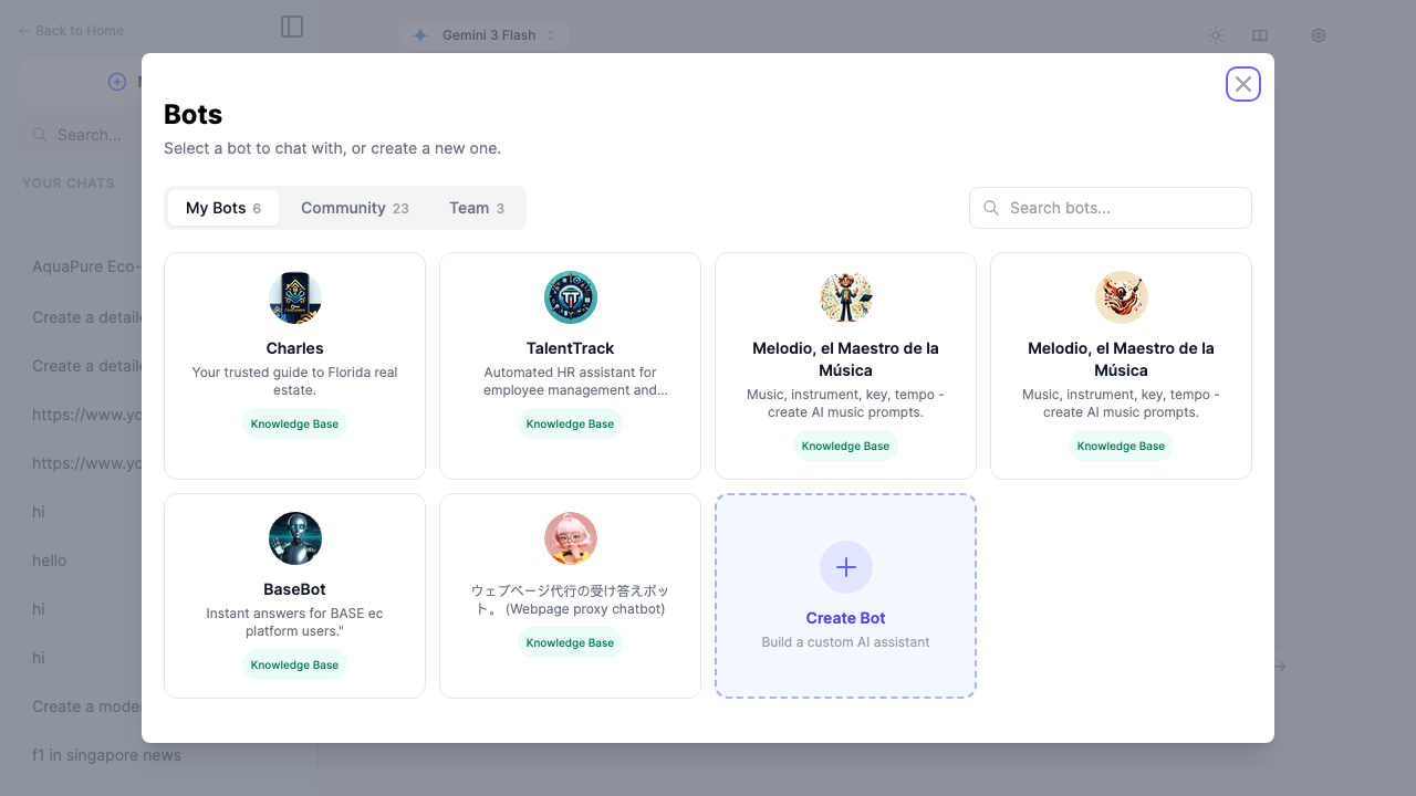 Easy-Peasy.AI bot selector showing My Bots tab with 6 personal bots, Community tab with 23 community bots, Team tab with 3 shared bots, and a Create Bot card