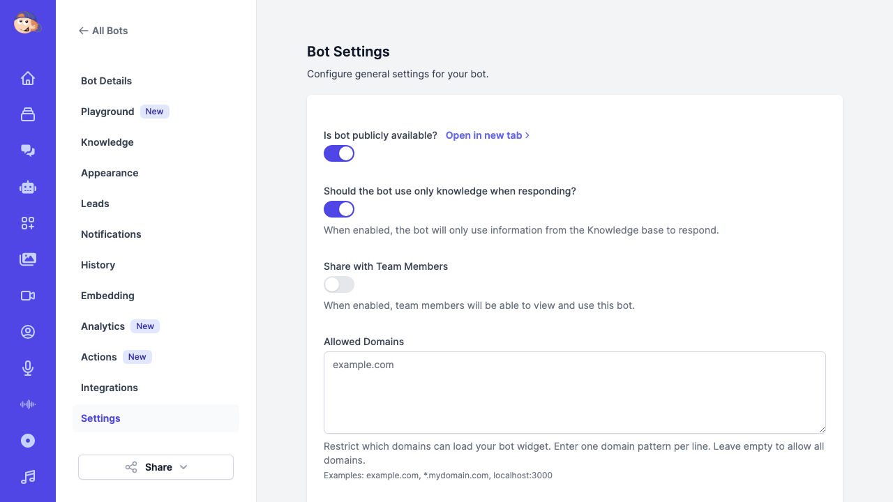 Bot Settings page showing toggles for public availability, knowledge-only mode, team sharing, and allowed domains configuration