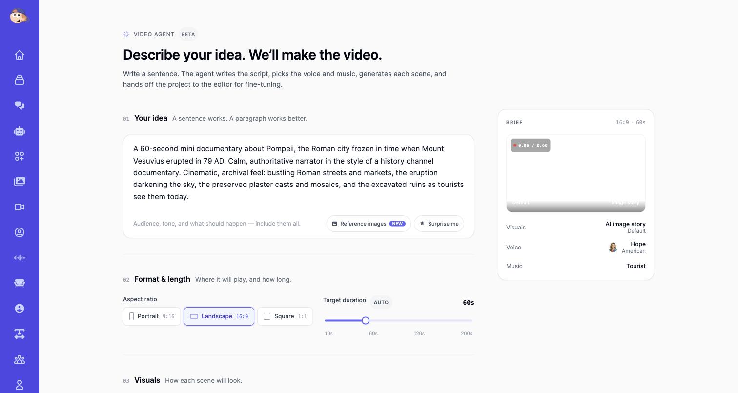 Easy-Peasy.AI Video Agent interface with a documentary idea typed into the prompt box