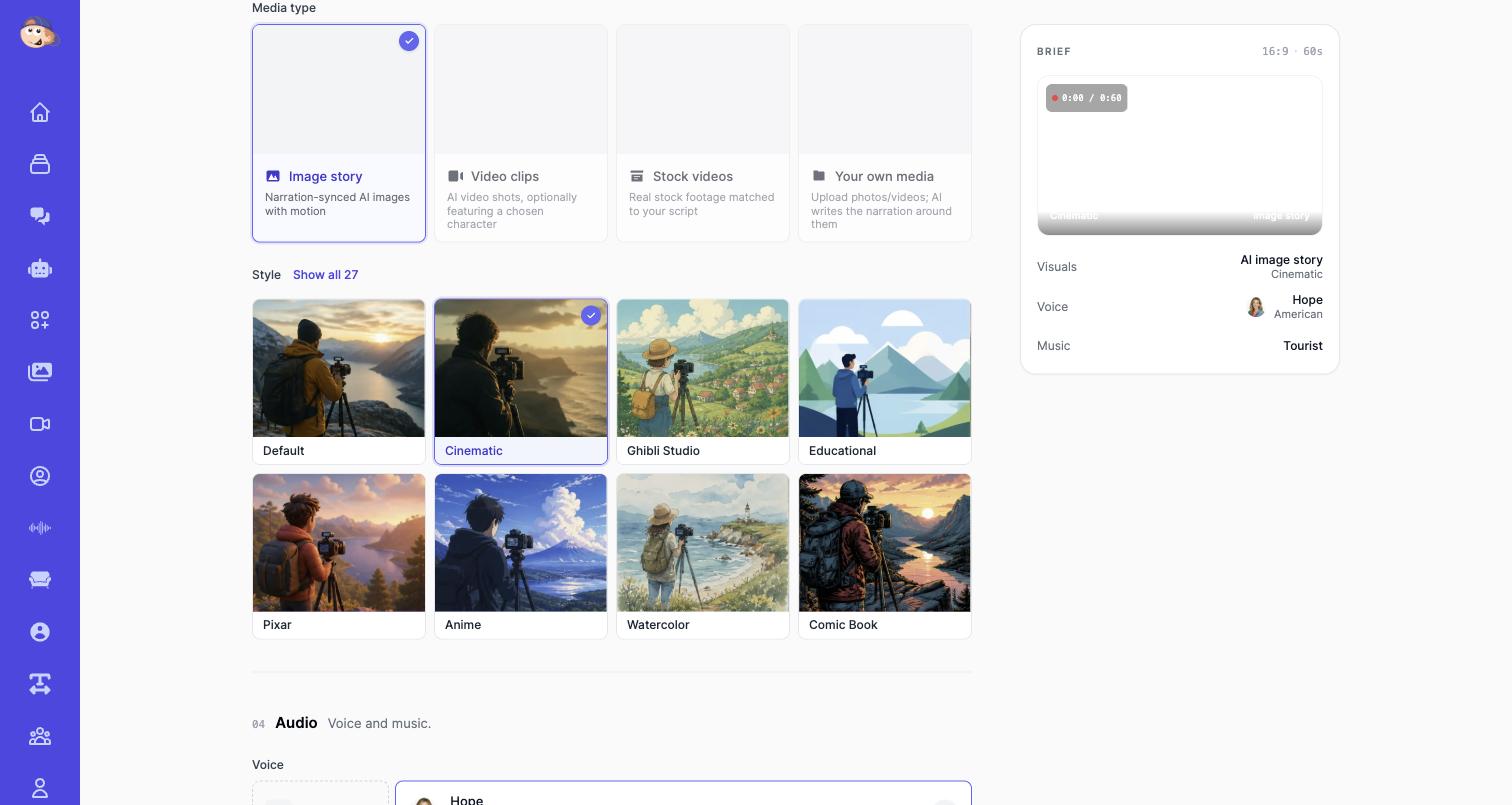 Video Agent media type and style selection showing Image story and Cinematic style for a documentary