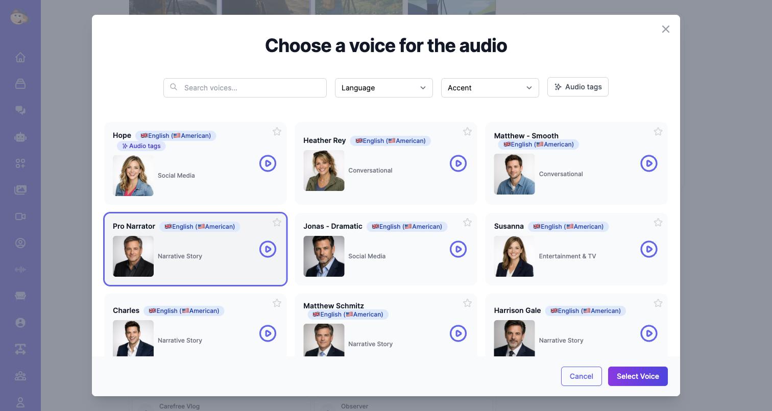Choosing a documentary narrator voice in the Video Agent voice library