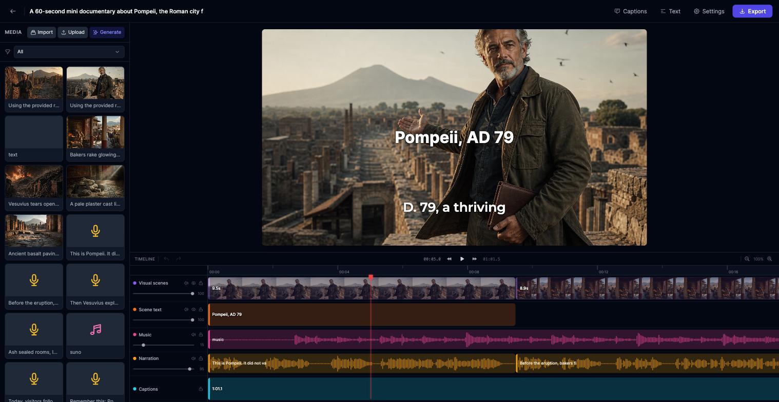 AI video editor timeline showing the generated Pompeii documentary with scene, text, music, narration, and caption tracks