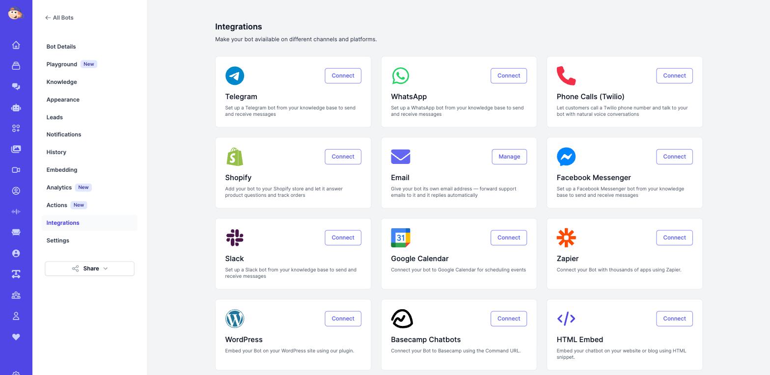 Slack integration card on the Easy-Peasy.AI bot Integrations page