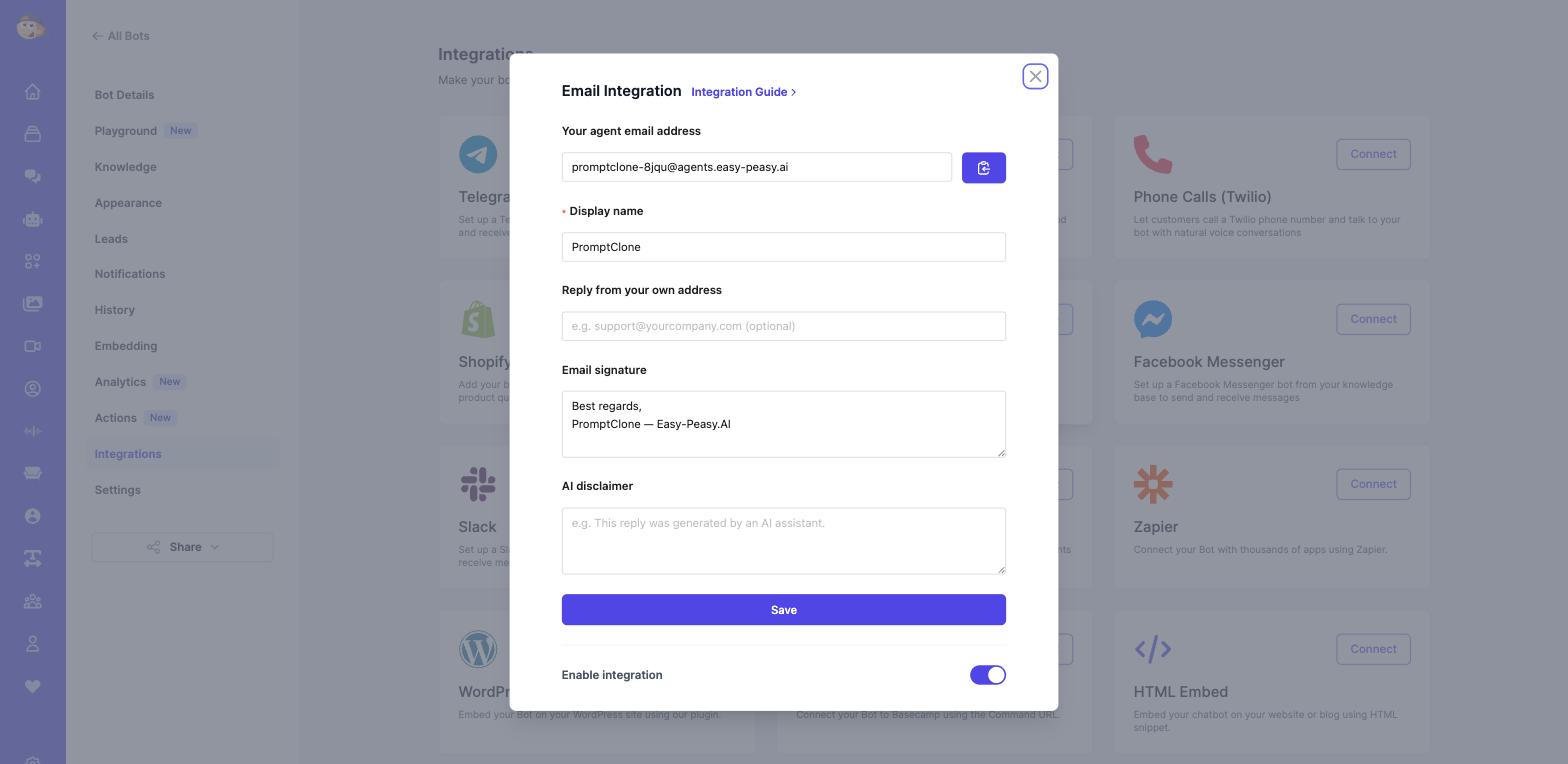 Email integration connect modal in Easy-Peasy.AI with agent email address, display name, signature and AI disclaimer fields